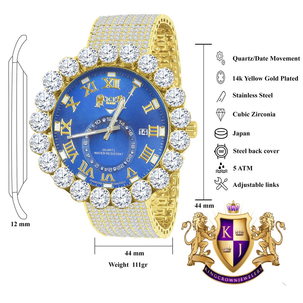 Real Diamond Dial Blue Sapphire Roman Numeral Face Yellow Gold Tone 10 Row Custom Band Bezel Watch XL 55mm
