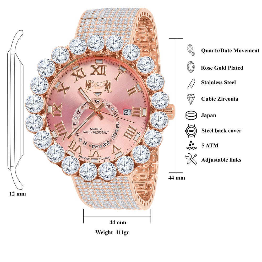 Rose Gold Tone Real Diamond Dial Roman Numeral Pink Face 10 Row Custom Band Bezel Watch XL 55mm