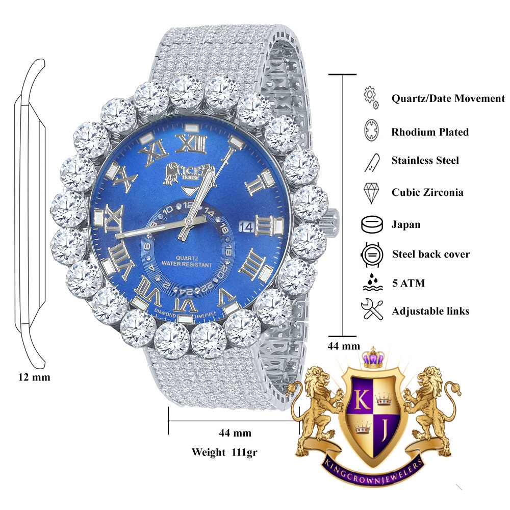 Real Diamond Dial Blue Face Roman Numeral Face White Gold Tone 10 Row Custom Band Bezel Watch XL 55mm