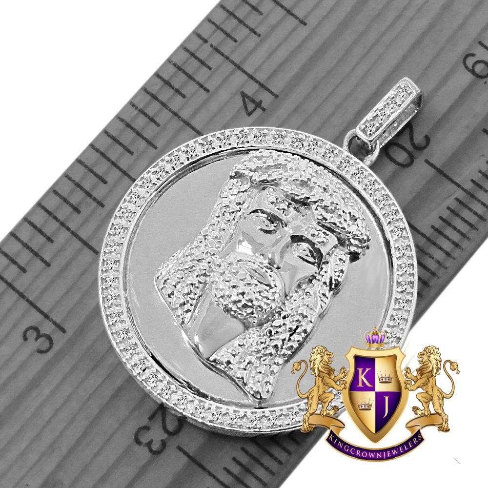 Real Genuine Diamonds 10K White Gold Finish Mini Jesus Face Round Bezel Charm Pendant Chain Set