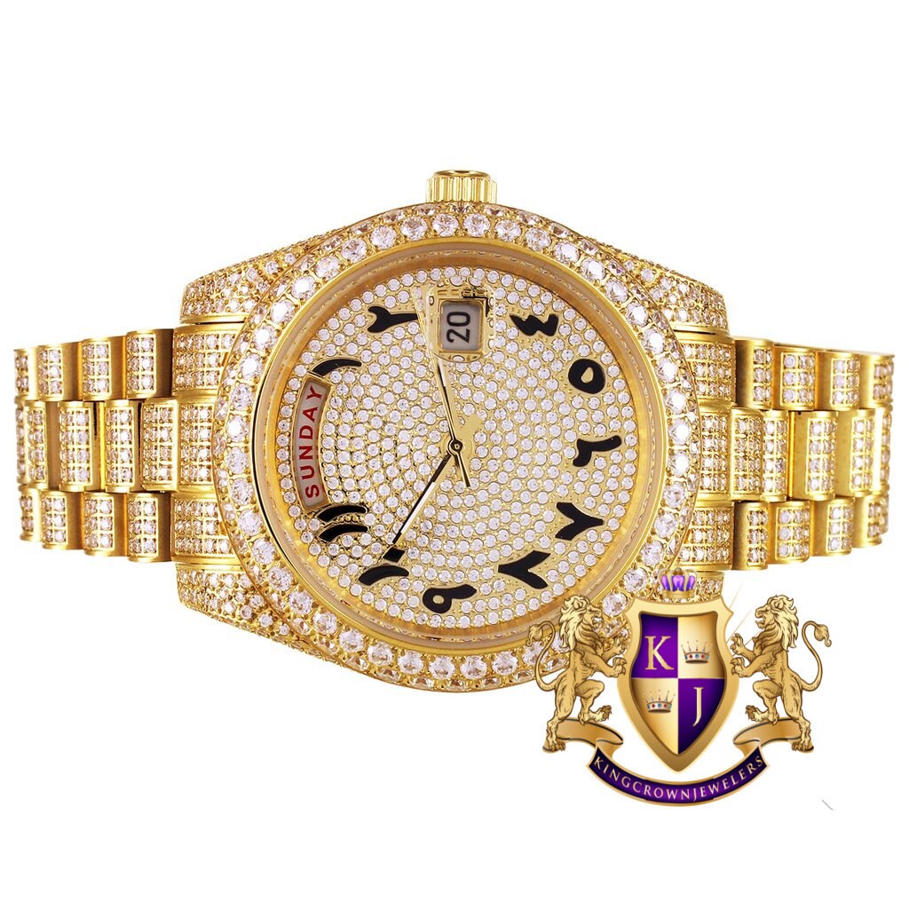 Solid Stainless Steel Arabic Dial 18K Yellow Gold Finish Simulated Diamond Luxury Watch 41mm