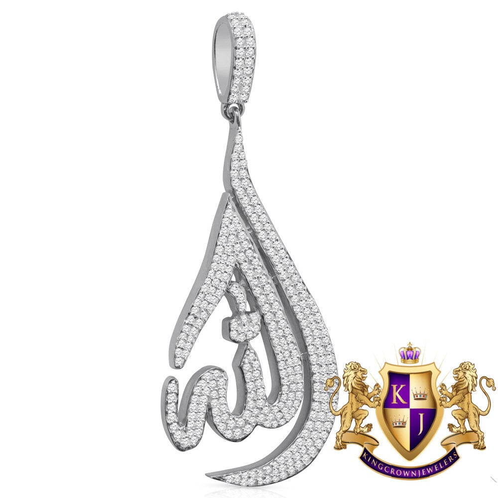 2.65' Real Genuine Italian Sterling Silver 2.00 Cwt. Simulated Diamond 14K Gold Over Allah God Muslim Islamic Arabic Charm Pendant 12+ Grams