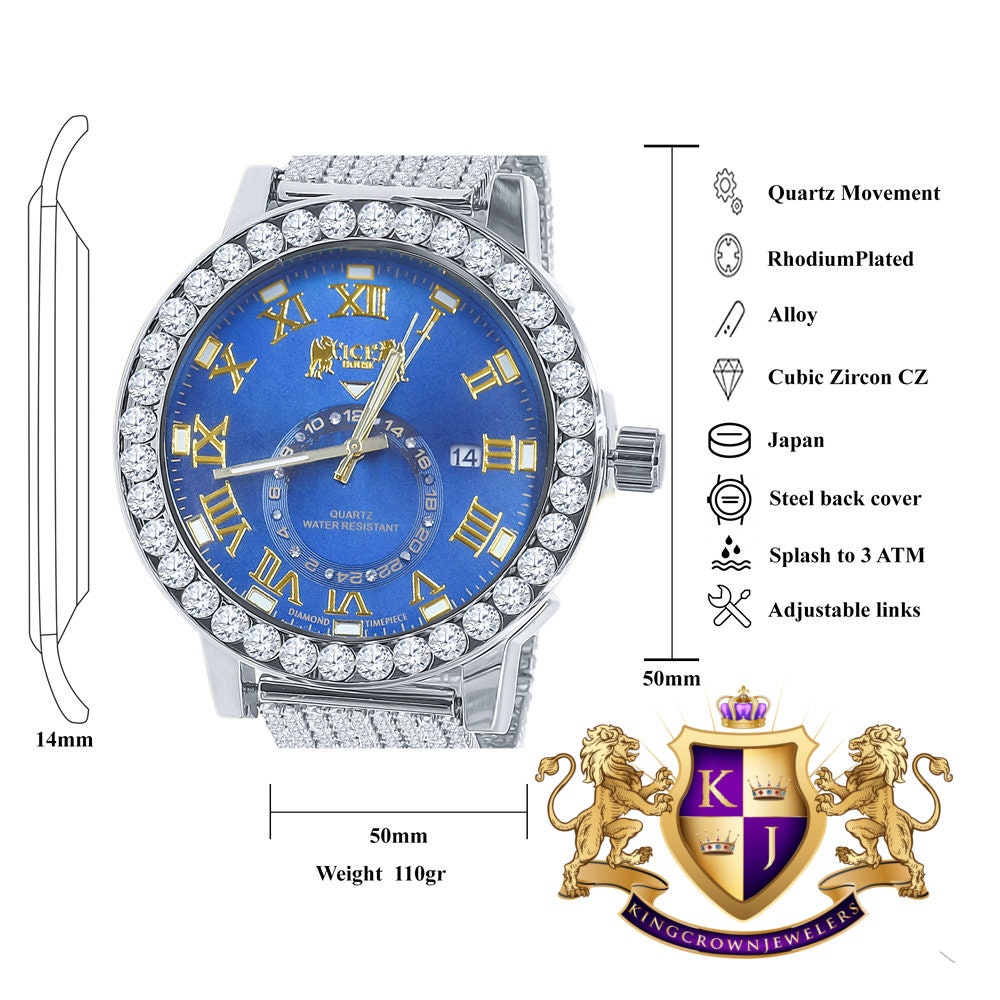 Mens Solitaire Real Diamond Dial Roman Blue Sapphire Face White Tone Custom Bezel Band Watch XL 55mm W/Date
