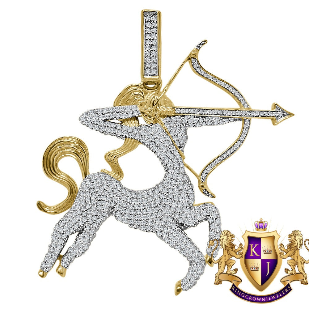 18+ Grams Real Genuine Yellow Gold Sterling Silver 4.00 Cwt. Simulated Diamond Sagittarius Archer Zodiac Sign Custom Pendant Charm 2.25''