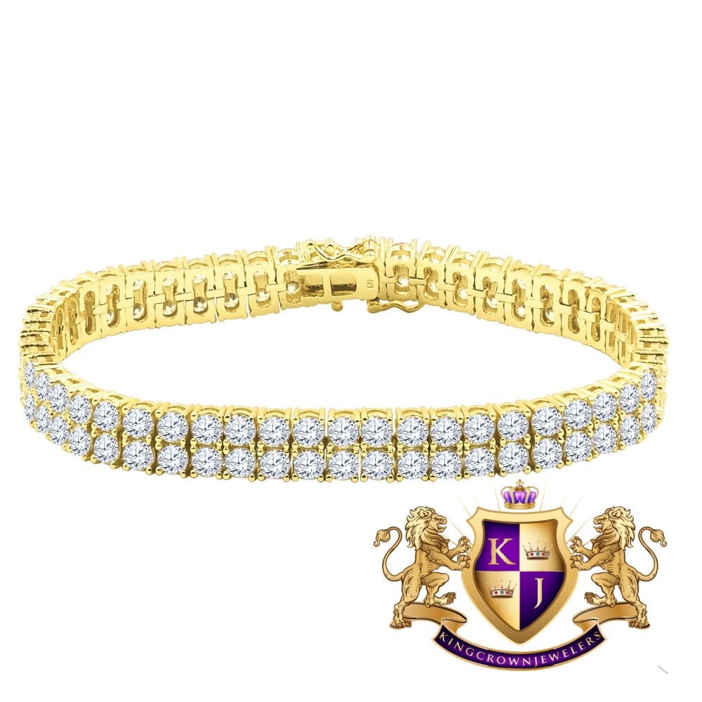 Unisex Real Genuine Yellow Gold Sterling Silver Simulated Diamond 2 Row Tennis Link Bracelet 8''