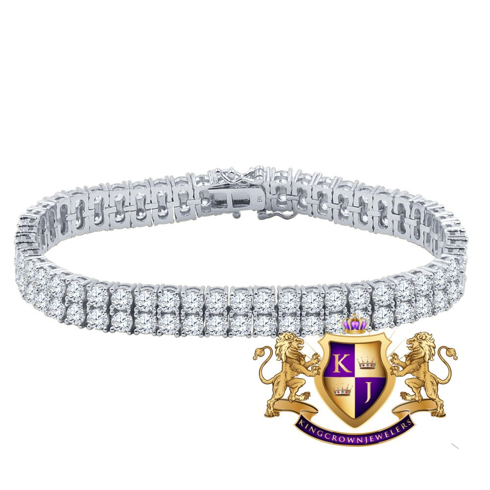 Unisex Real White Gold On Genuine Sterling Silver Simulated Diamond 2 Row Tennis Link Bracelet 8''