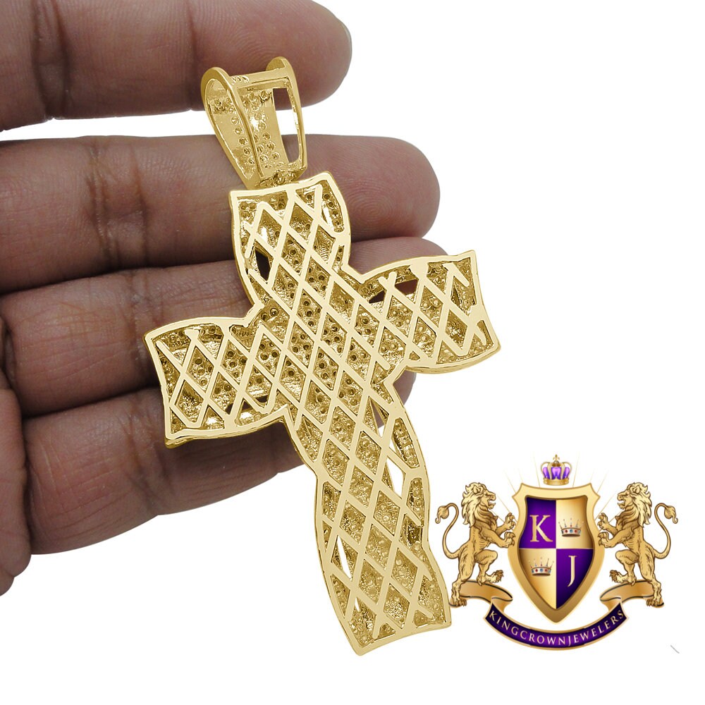 High Quality AAA+ Cubic Zirconia 14K Yellow Gold Finish Holy Jesus Cross Pendent Charm 3.25''