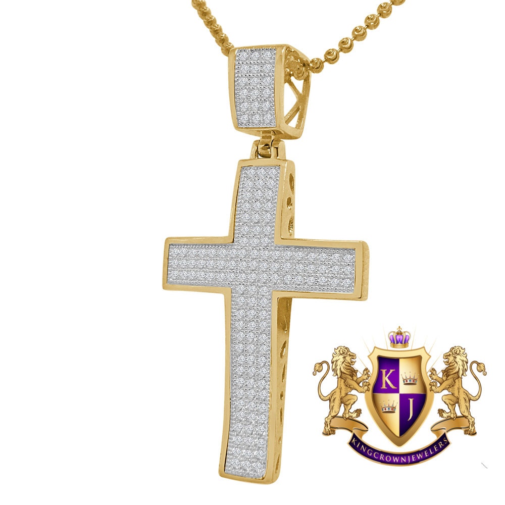 Real Genuine Yellow Gold Sterling Silver Simulated Diamond Jesus Cross Pendent Charm Chain 2.25''