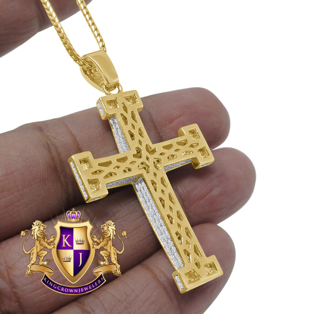 Pure Italian Sterling Silver Gold Finish Simulated Diamond Jesus Cross 3D Pendent Charm Chain Set 2.15''