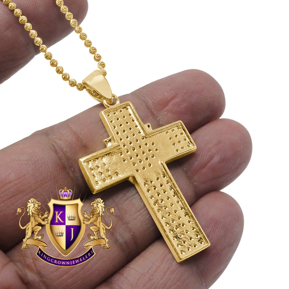 Real Sterling Silver Yellow Gold Tone Canary Simulated Diamond Holy Cross Charm Pendent Chain Set 1.90''