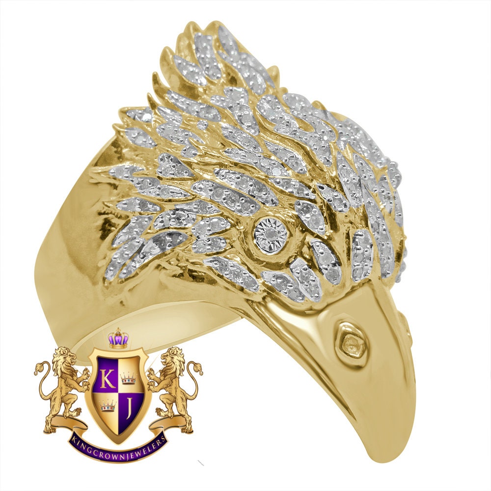 Real Genuine Authentic Diamond Mens American Eagle Falcon Bird Yellow Gold Finish Ring Pinky Band