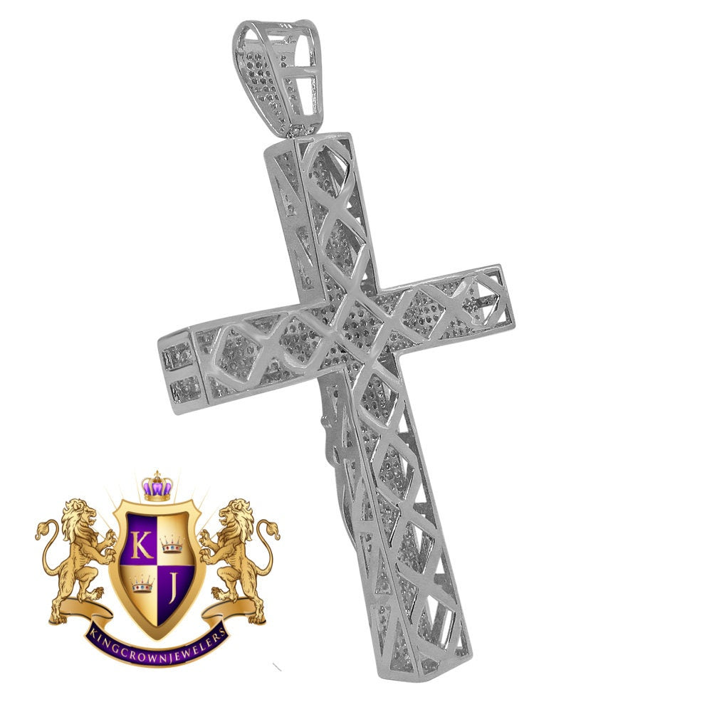 Big XL 4.25'' Custom Piece AAA+ Cubic Zirconia White Gold Tone Jesus Crucifix Cross Charm Pendent