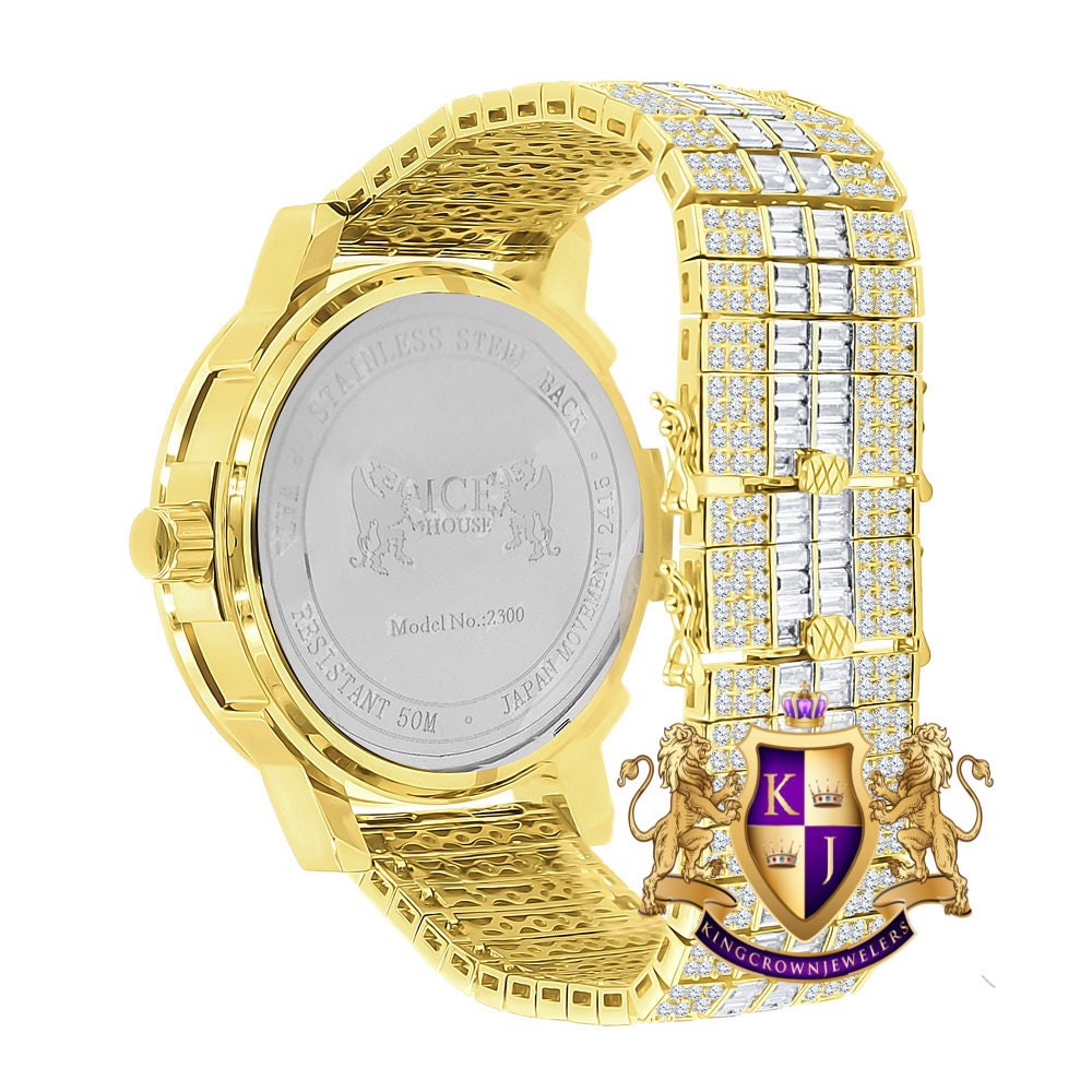 Men's 14K Yellow Gold Finish Solid Steel Baguette-Steel Bezel Simulated Diamond Adjustable Band Watch W/Date