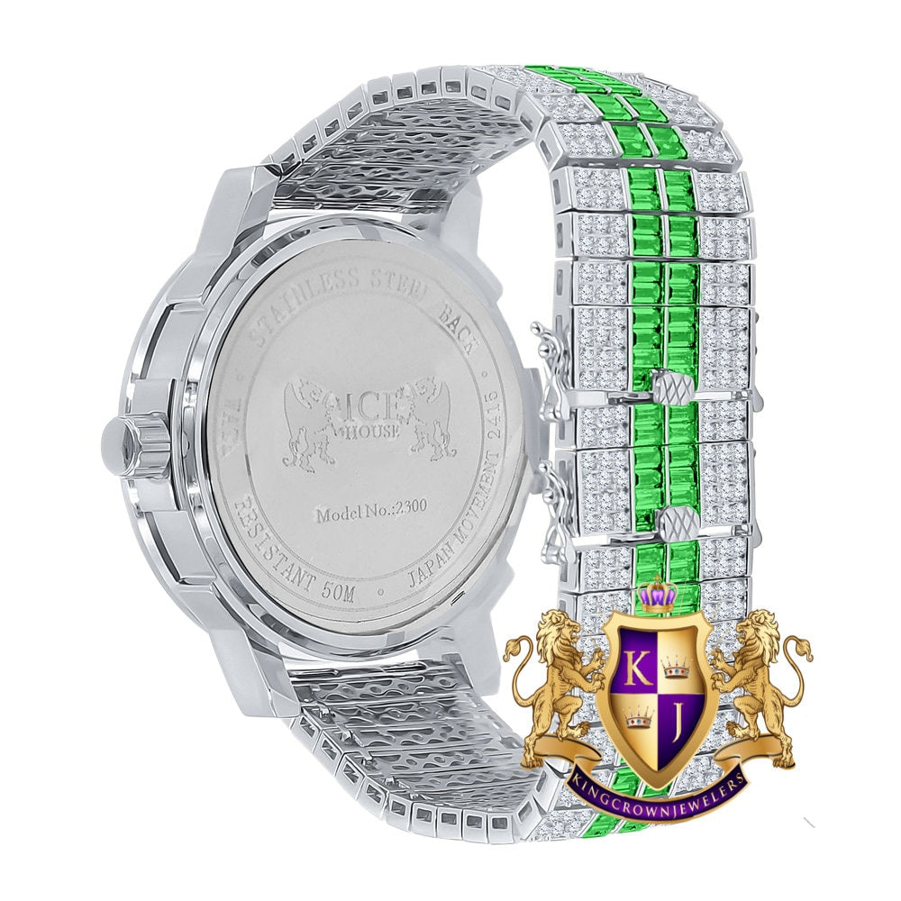 Men's Green Emerald Dial 18K White Gold Finish Baguette Simulated Diamond Custom Luxury Watch W/Date