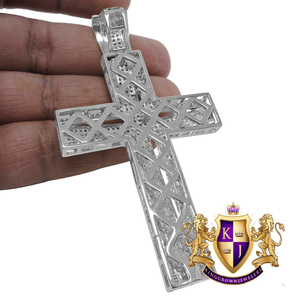 High Quality AAA+ Cubic Zirconia White Gold Finish Jesus Cross Pendent Charm XL Big 3.5''