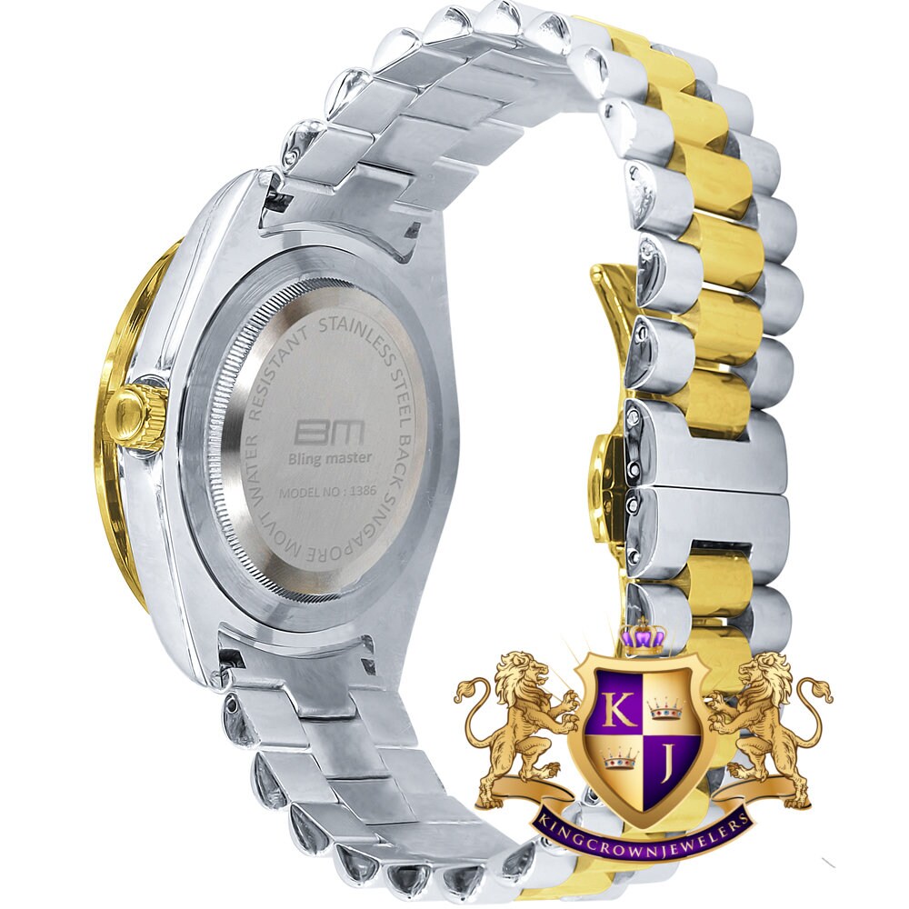 2 Tone Gold Finish Mens Full Stainless Steel White Face Solitaire Simulated Diamond 41mm Presidential Watch