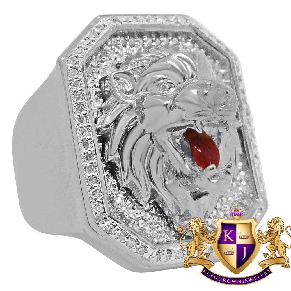 Mens Big Bold Real Genuine Diamond 10K White Gold Finish Lion Head Ring Band (Adjustable 10 Up To 11)