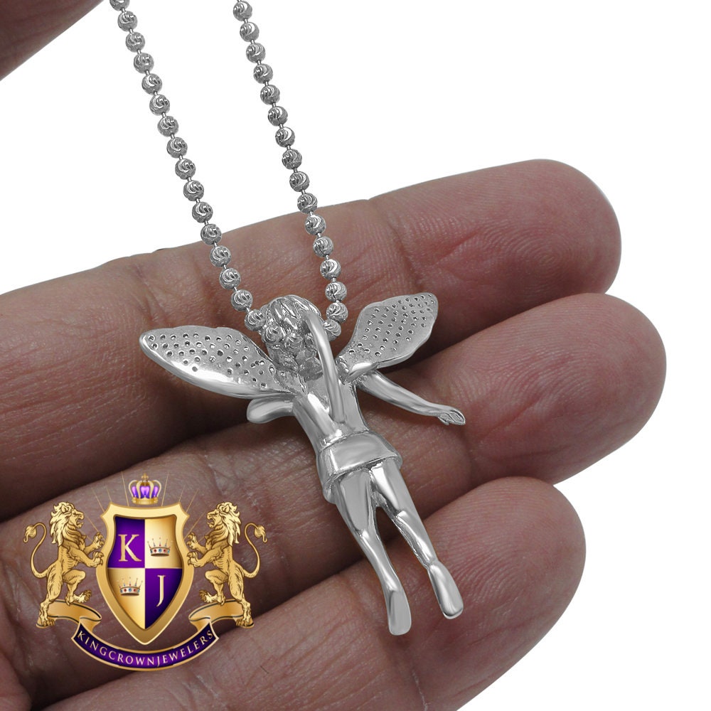 Real Genuine Diamond Angel Wings Pendent Charm Chain Set 10K White Gold Finish 1.30'''