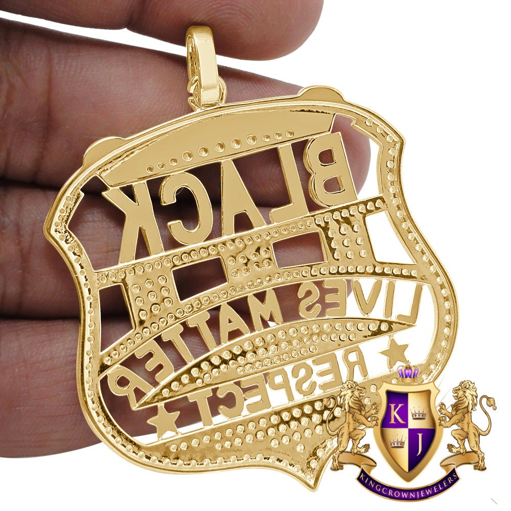 Real Yellow Gold On Genuine Sterling Silver Simulated Diamond "Black Lives Matter" Custom Pendent Charm 2.5''