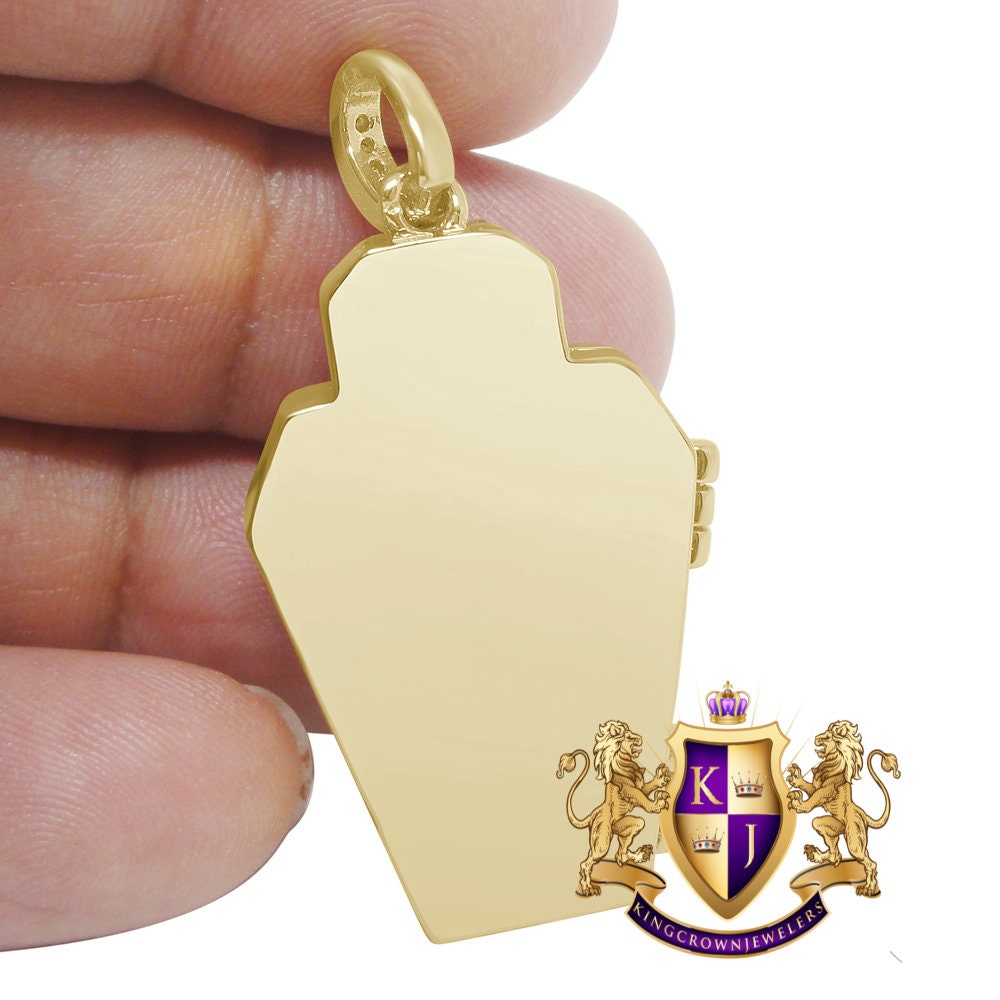Men's 14 K Yellow Gold On Real Silver Simulated Diamond 3D Opening Coffin RIP Cross Funeral Casket Custom Charm Pendent
