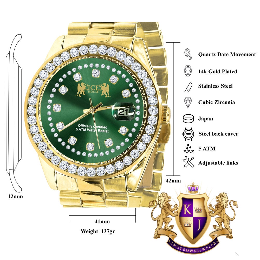 Mens Full Solid stainless Steel Solitaire Green Face 18K Yellow Gold Finish Simulated Diamond 41mm Watch