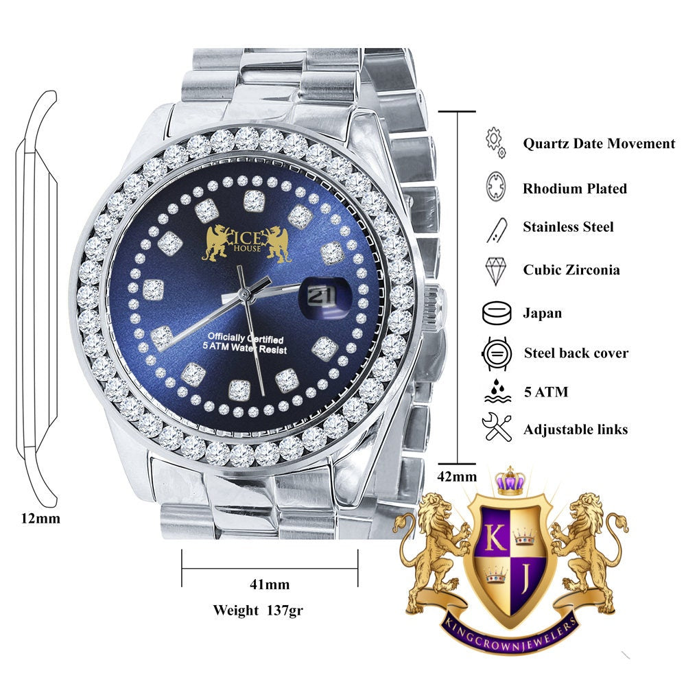 Sapphire Blue Dial Full Solid stainless Steel Solitaire 18K Yellow Gold Finish Simulated Diamond 41mm Mens Watch