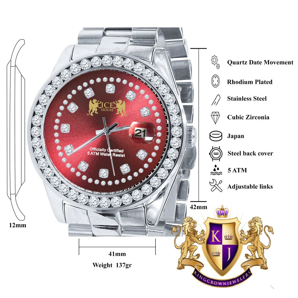 Ruby Red Dial Full Solid stainless Steel Solitaire 18K Yellow Gold Finish Simulated Diamond 41mm Mens Watch