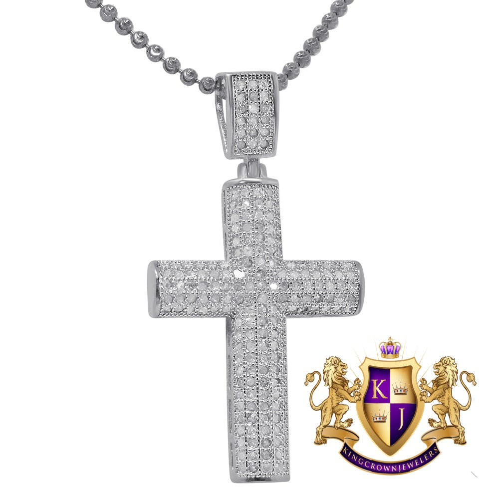 Real Genuine Authentic Natural Diamond 0.75 Cwt. Dome Style Holy Jesus Cross Pendant 10K Gold Finish Unisex Religious Charm 1.75''