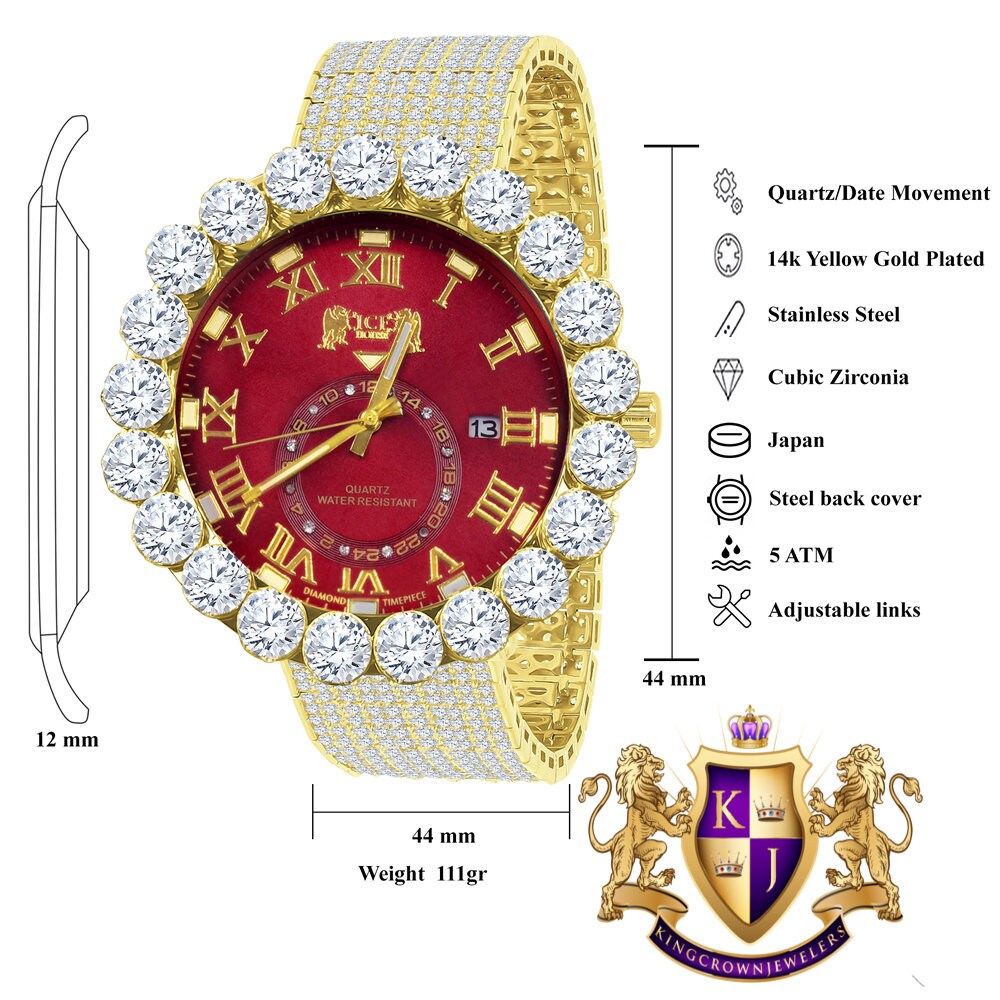 Real Diamond Dial Ruby Red Face Roman Numeral Face Yellow Gold Tone 10 Row Custom Band Bezel Watch XL 55mm