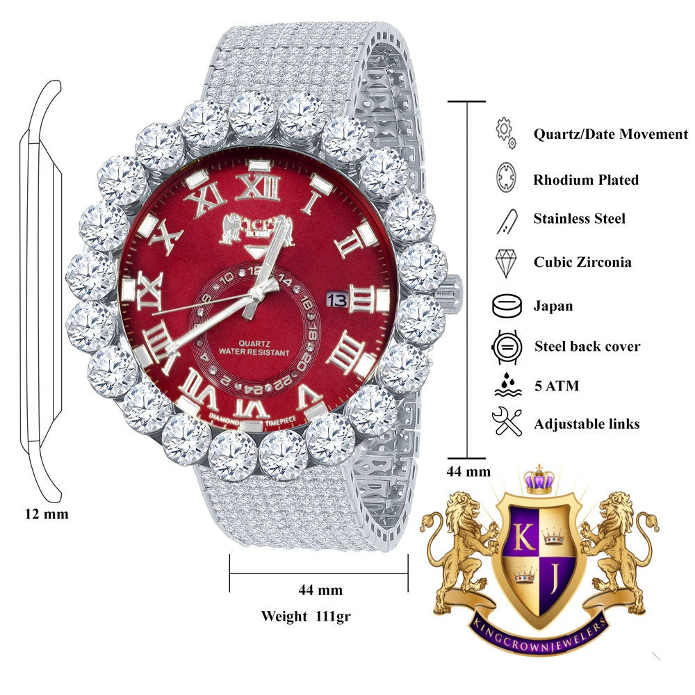 Real Diamond Dial Ruby Red Face Roman Numeral Face White Gold Tone 10 Row Custom Band Bezel Watch XL 55mm