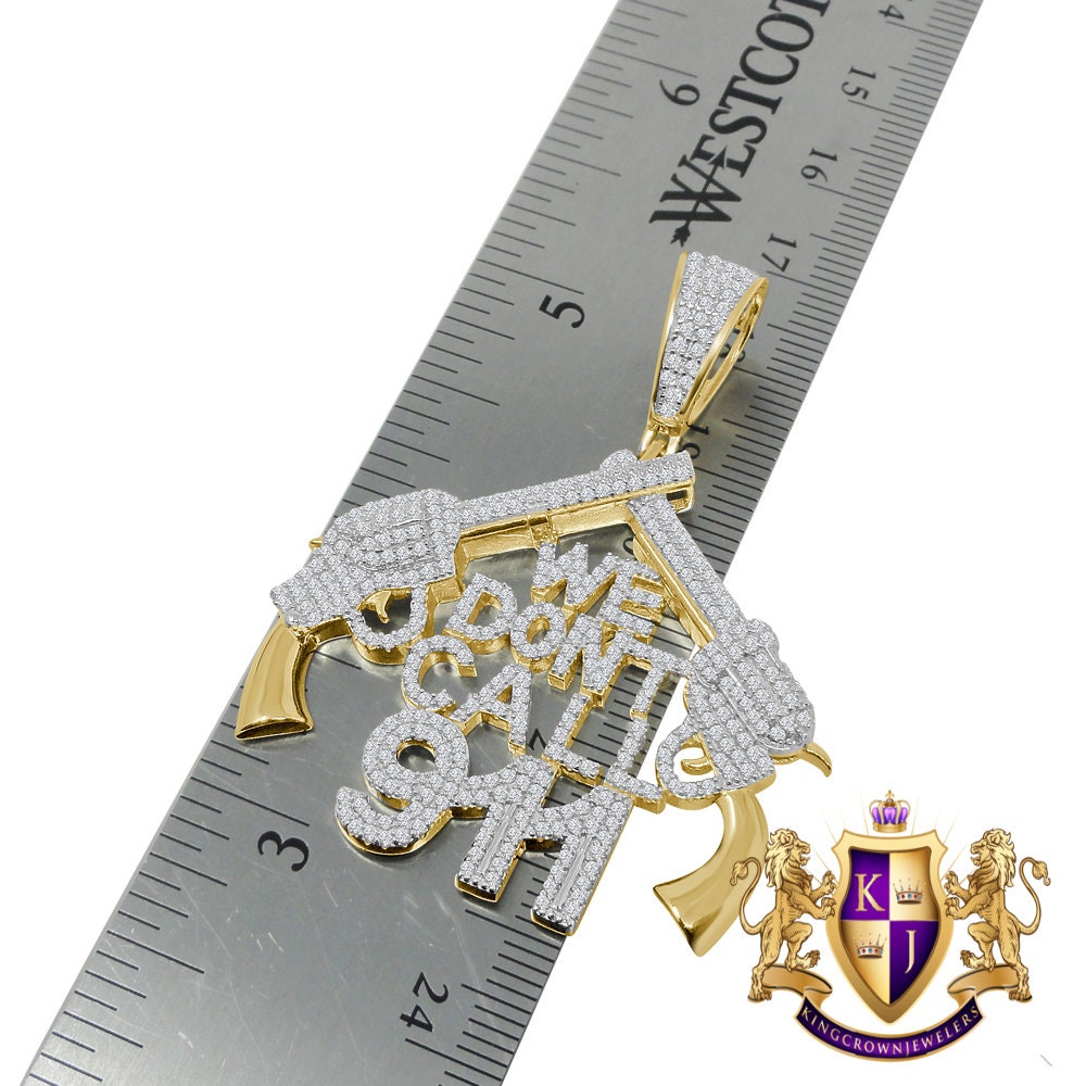 Real Genuine Sterling Silver 14K Gold Finish Simulated Diamond "WE DONT CALL 911" Custom Pendant Charm Chain Neckless Set