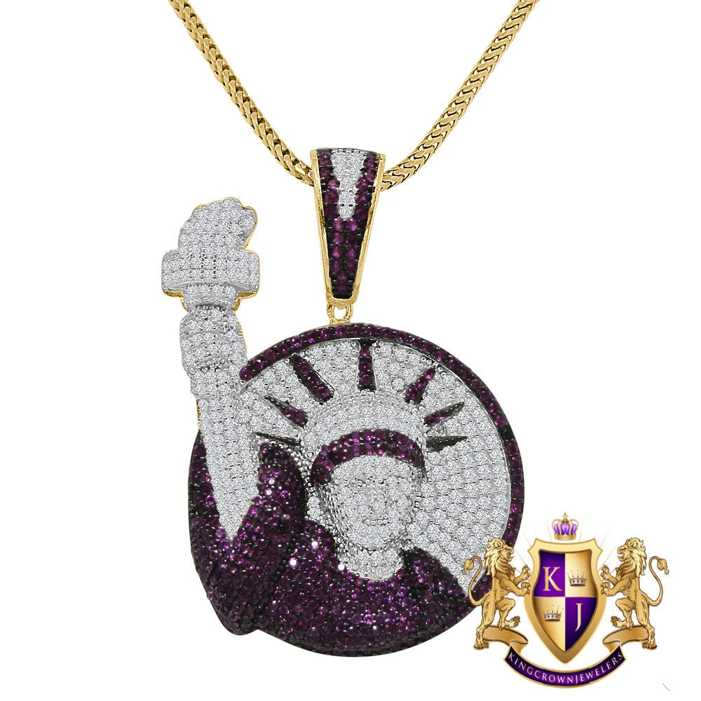 14K Gold Finish Real Sterling Silver Simulated Diamond Statue of Lady Liberty Pendent Charm Chain Set