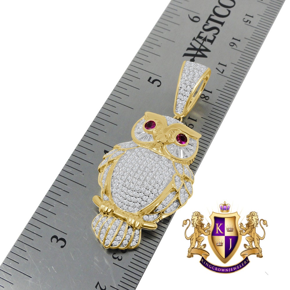 Mens Real Sterling Silver 14K Gold Finish Simulated Diamond Owl Ruby Eye Pendent Charm Chain Set