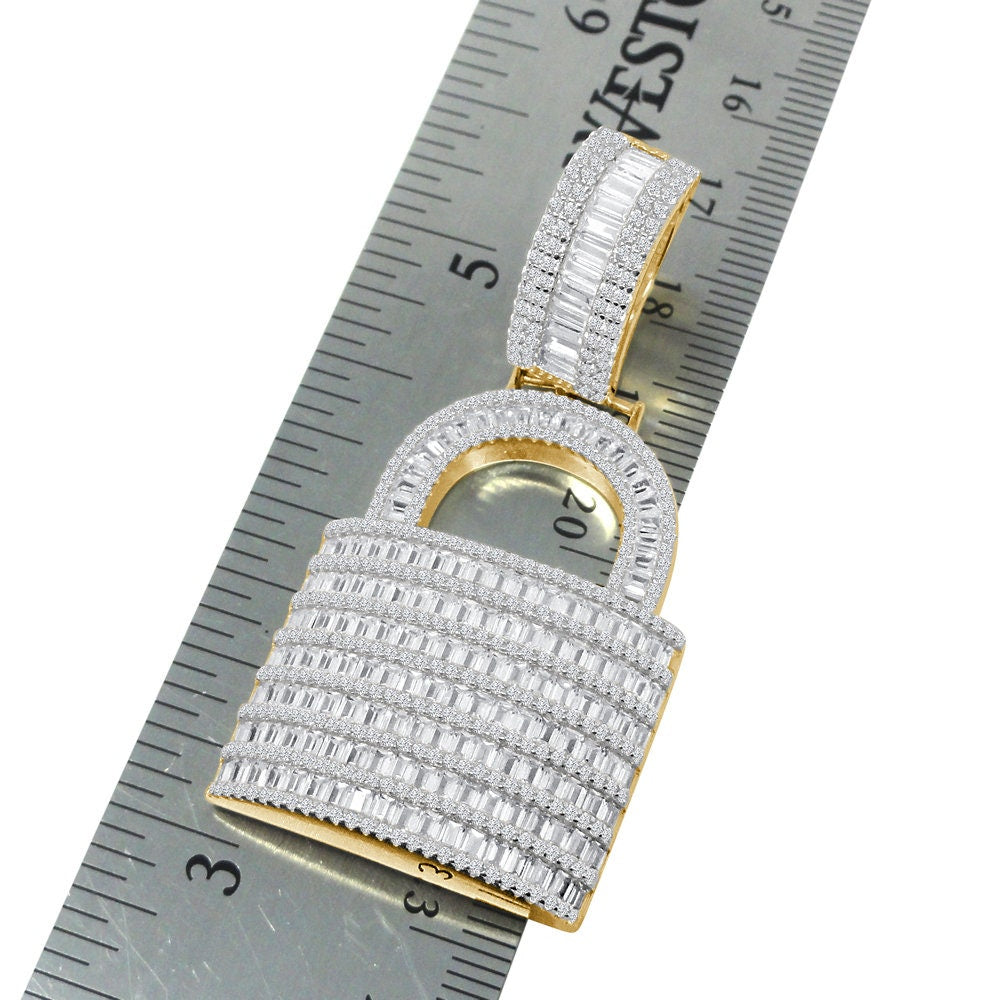 Baguette Custom Piece Real Genuine Italian Sterling Silver Simulated Diamond 14K Gold Over Padlock Key Pendent Charm 15 + Grams