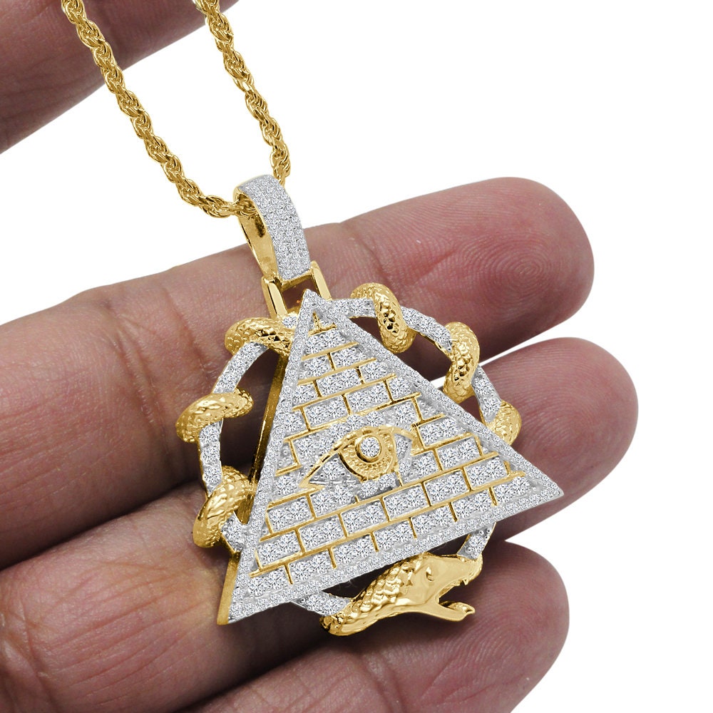 Real Sterling Silver Simulated Diamond Illuminati All Seen Eye Pendent Charm Chain Set
