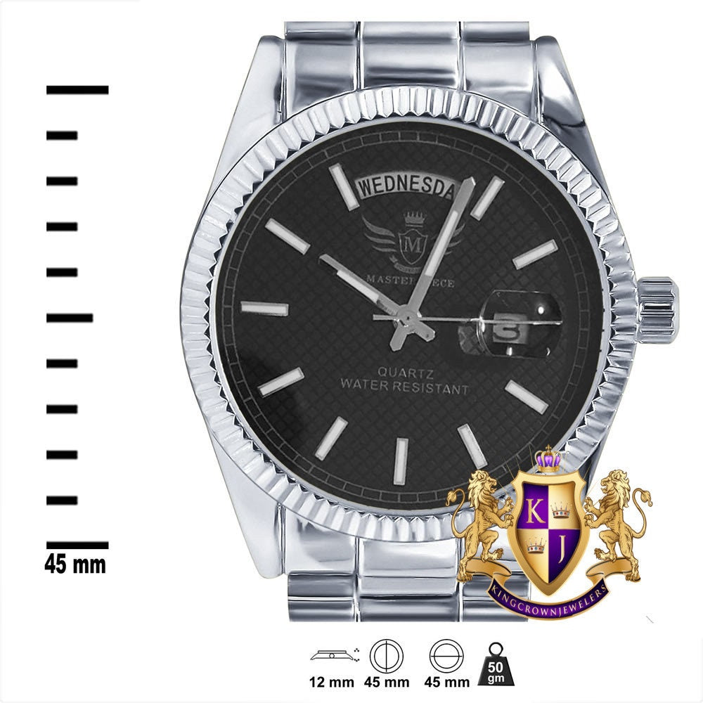 Men's 14K White Gold Tone Black Dial Day/Date Function Solid Steel Back Water Resistance Metal Band Watch