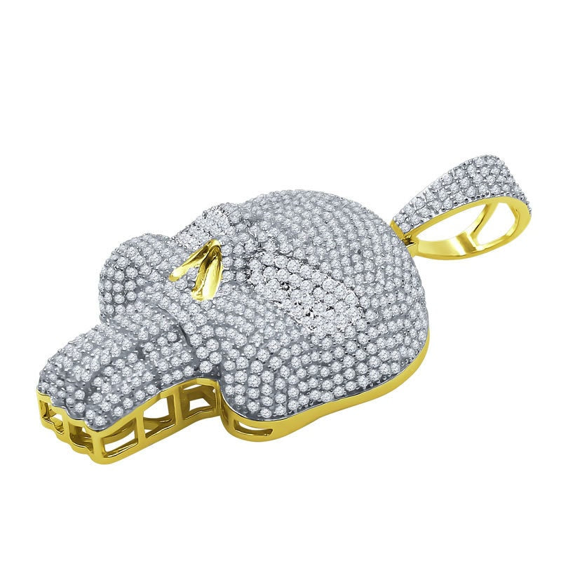 Men's 14K Gold Over Pure Sterling Silver Pendant Skull Pave Charm Simulated Diamond Pendant 2.25''