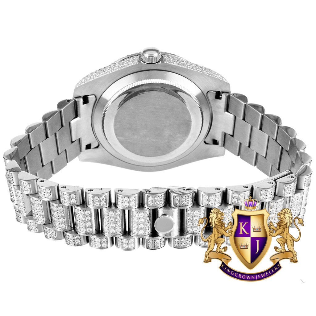Solid Stainless Steel Arabic Dial 18K White Gold Finish Simulated Diamond Luxury Watch 41mm