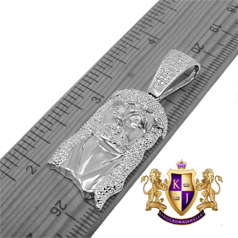 Mens Ladies Real Genuine Diamond 10K White Gold Finish Exquisite Mini Jesus Pendant Charm With Chain