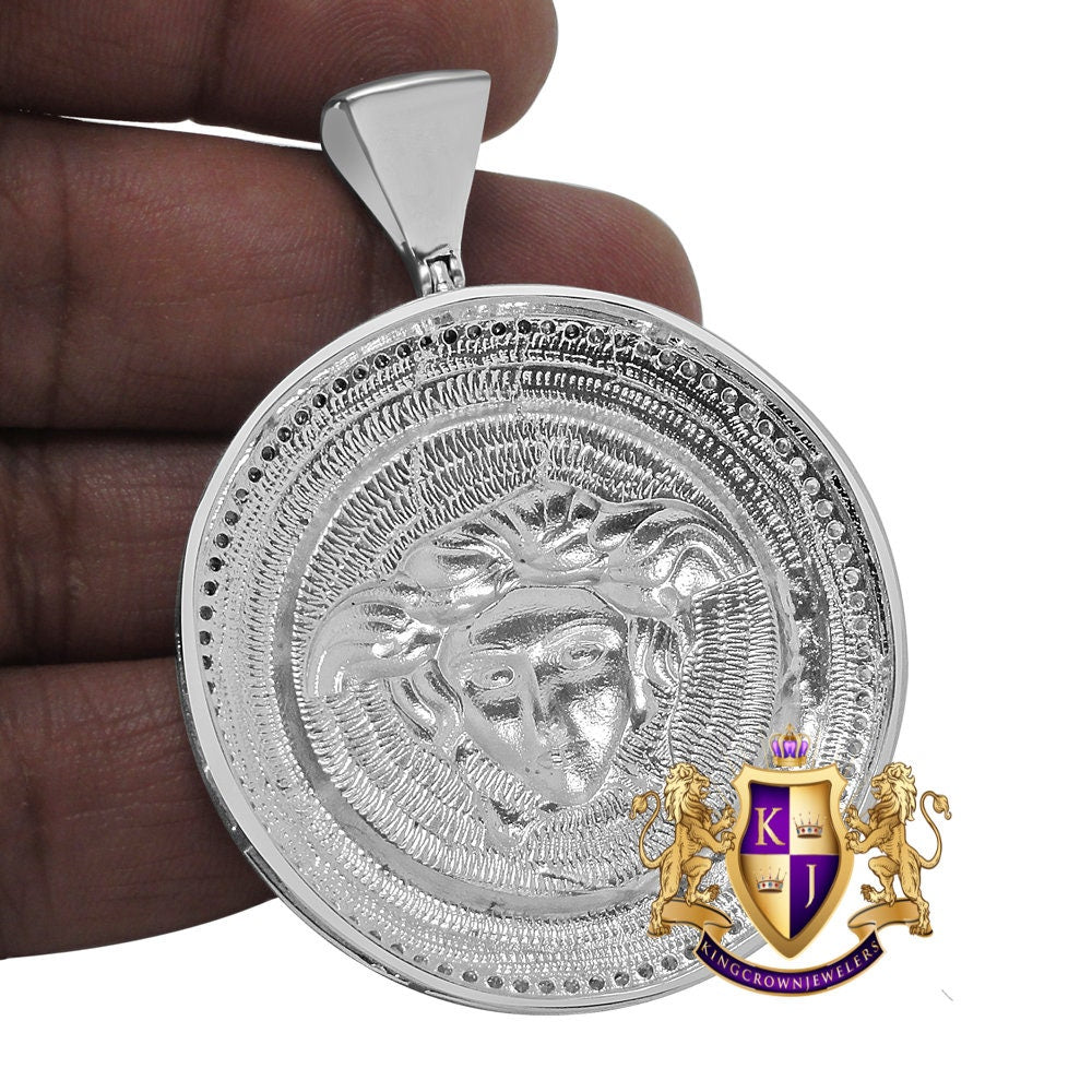 14k White Gold On Genuine Sterling Silver Simulated Diamond Lady Custom Pendant Medallion Charm Big 2.50''