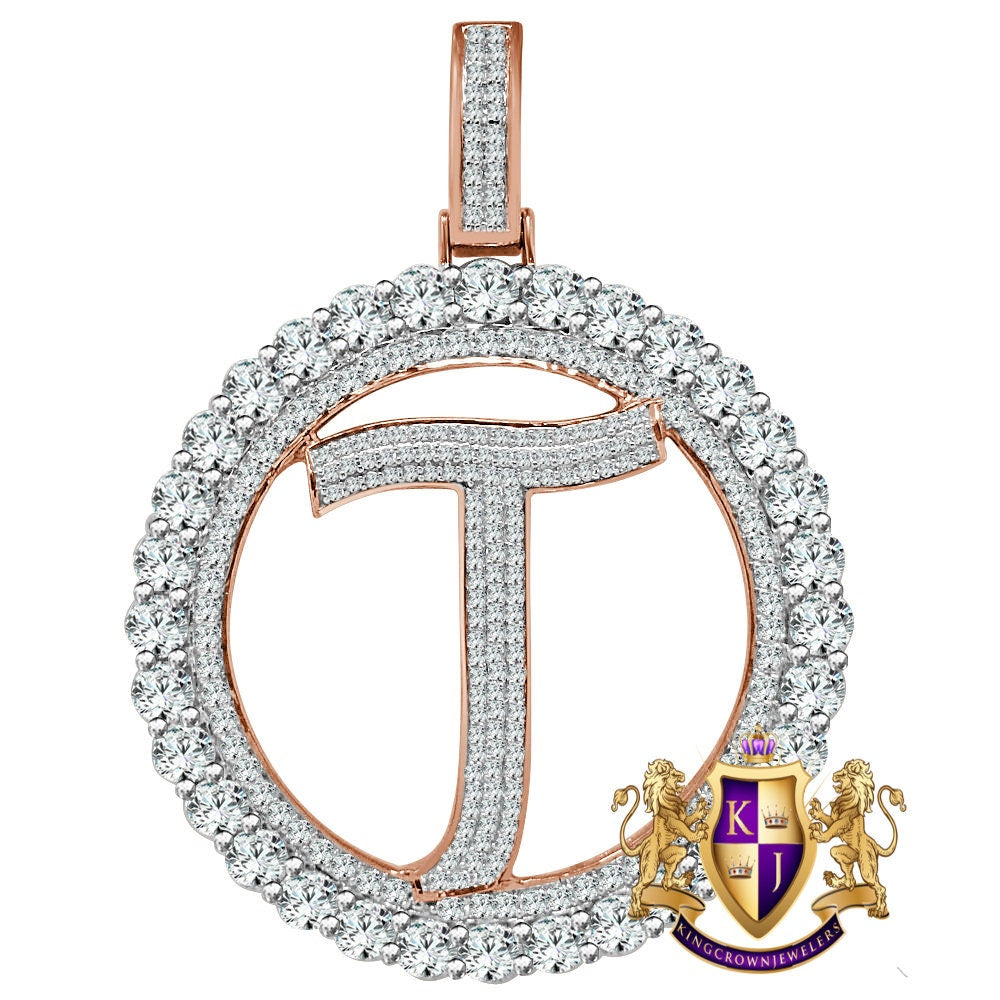 Big XL 3'' Solitaire Real Sterling Silver Gold Finish Simulated Diamond Initial Letter Alphabet "T" Pendent Charm Medallion