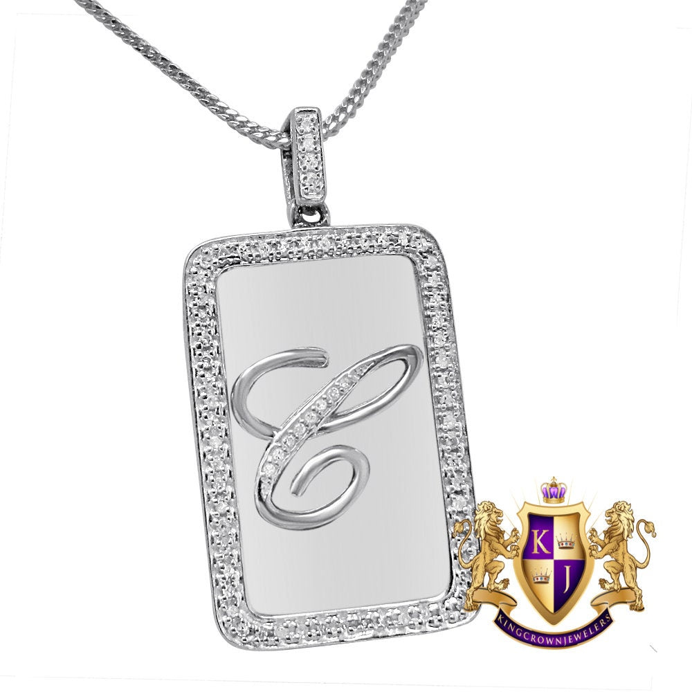 Mini Small 1.25'' Real Genuine Diamond Initial 10k White Gold Finish Letter Alphabet Mini Pendent Dog Tag Charm Chain Set