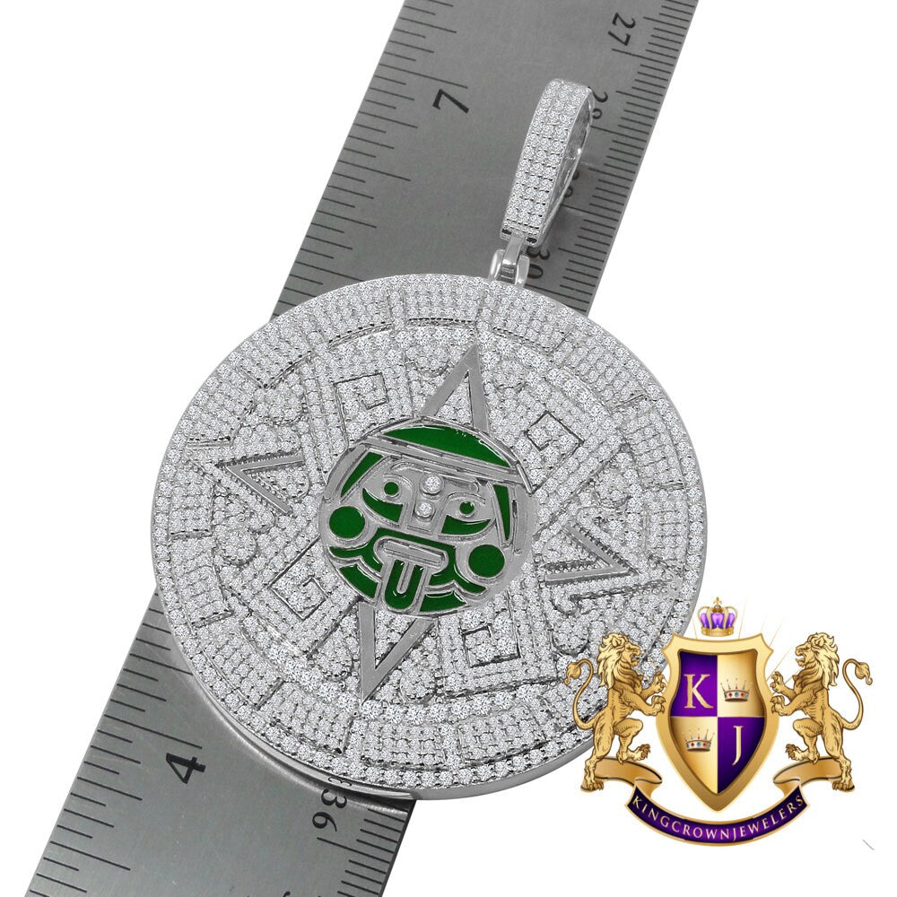 Exclusive Custom Piece Big XL 3'' White Gold On Sterling Silver Lab Diamond Mayan Aztec Sun Calendar Medallion Pendent Charm 49+ Grams