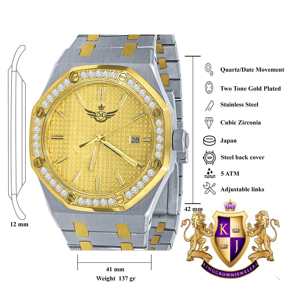 2 Tone Gold Finish Solid Stainless Steel Simulated Diamond AP Style Luxury Watch 43mm