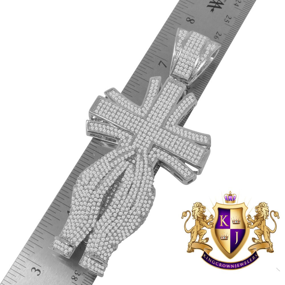 Big XL 4.25'' Custom Piece 14K White Gold Finish Simulated Diamond Praying Hand Jesus Cross Pendent Charm
