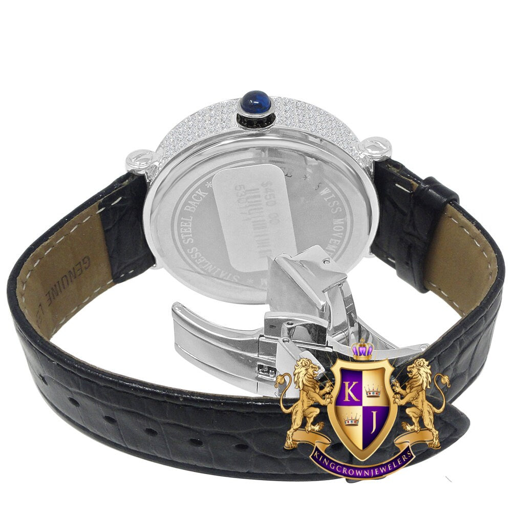 Men's 3.00 ctw A++ Baguette Full Cz's White Gold Tone Black Dial Bling Master Leather Custom Wrist Watch