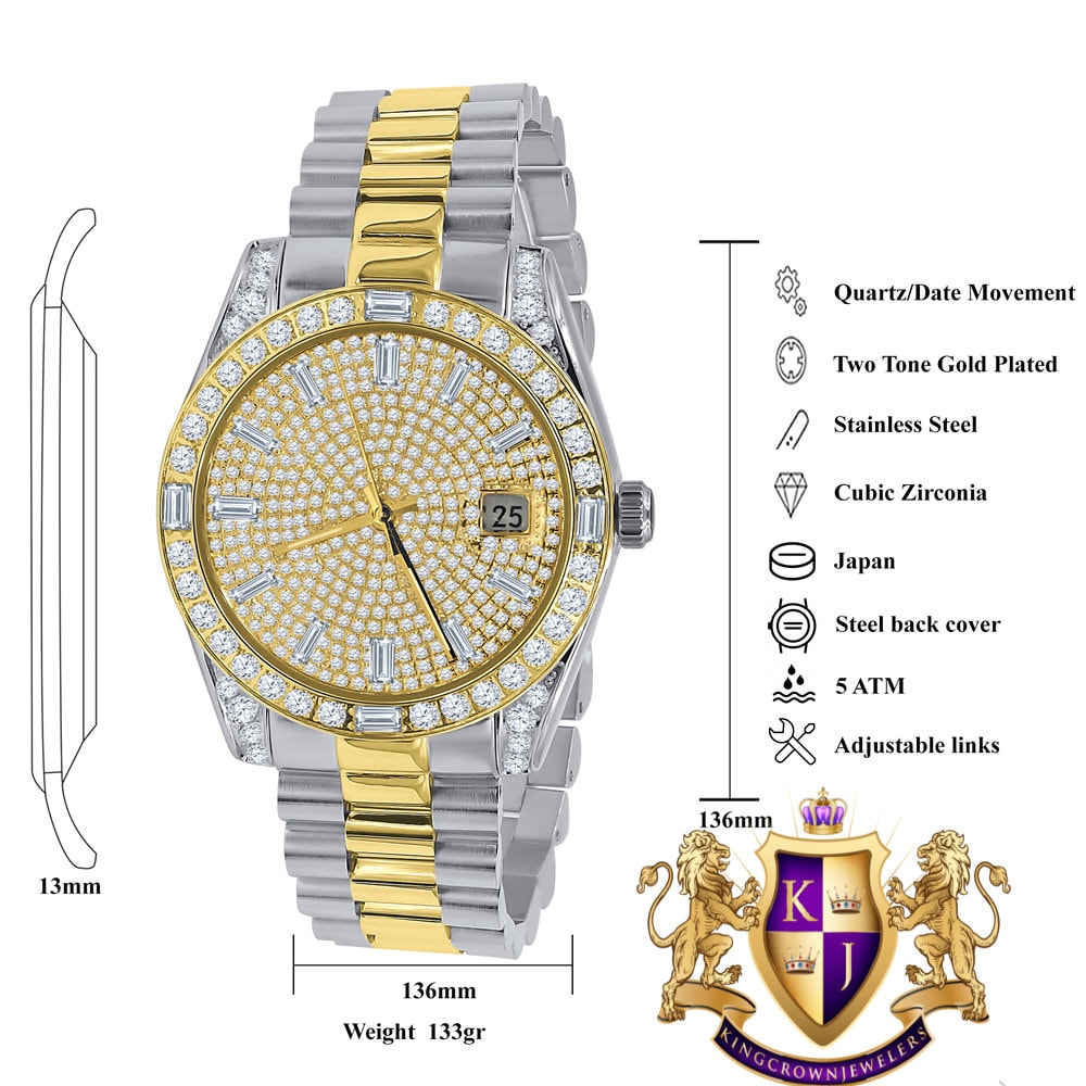 Mens Solid Stainless Steel 2 Tone 18K Gold Finish Simulated Diamond 40mm Presidential Watch W/Date Function