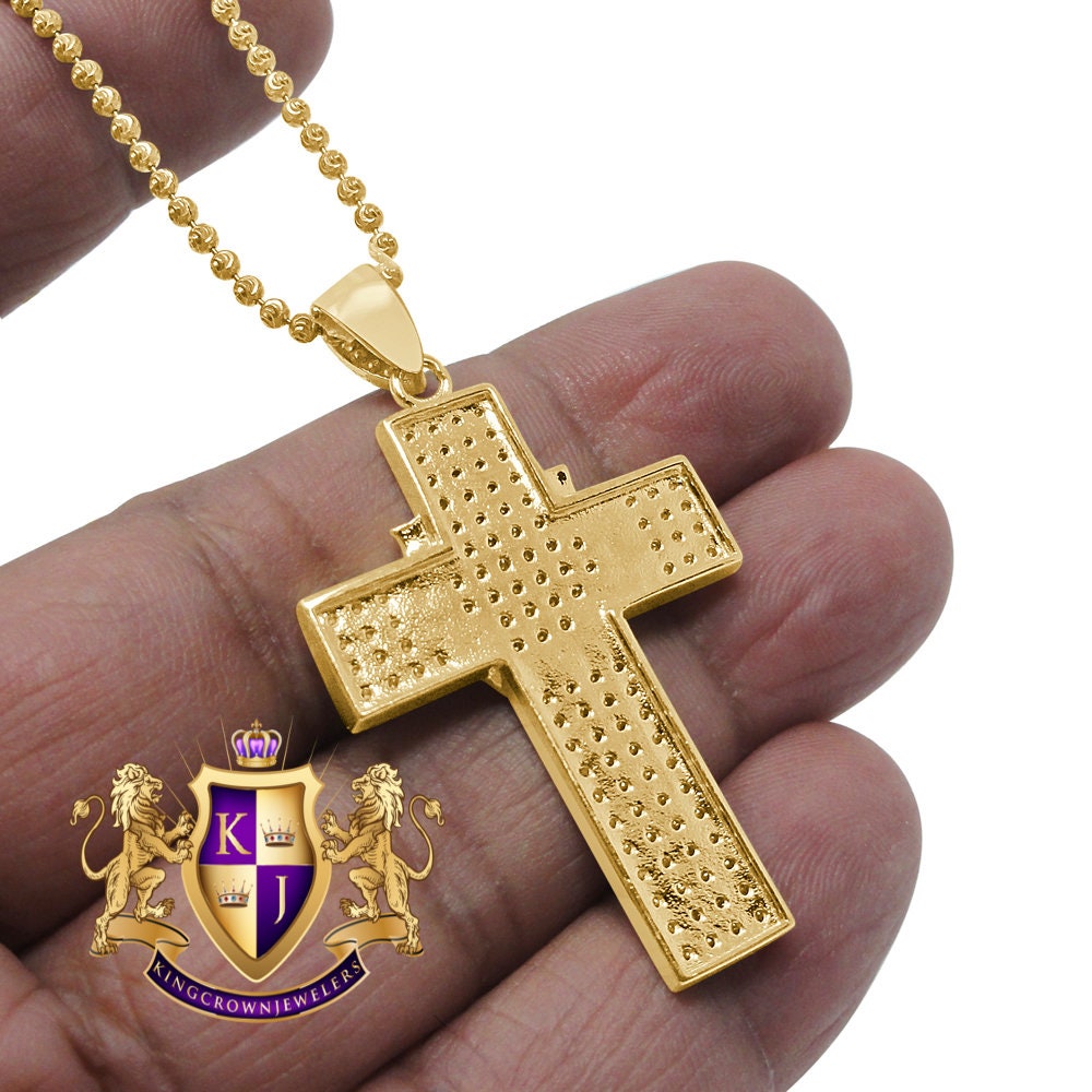 Genuine Sterling Silver Yellow Gold Tone Simulated Diamond Holy Cross Charm Pendent Chain Set 1.90''