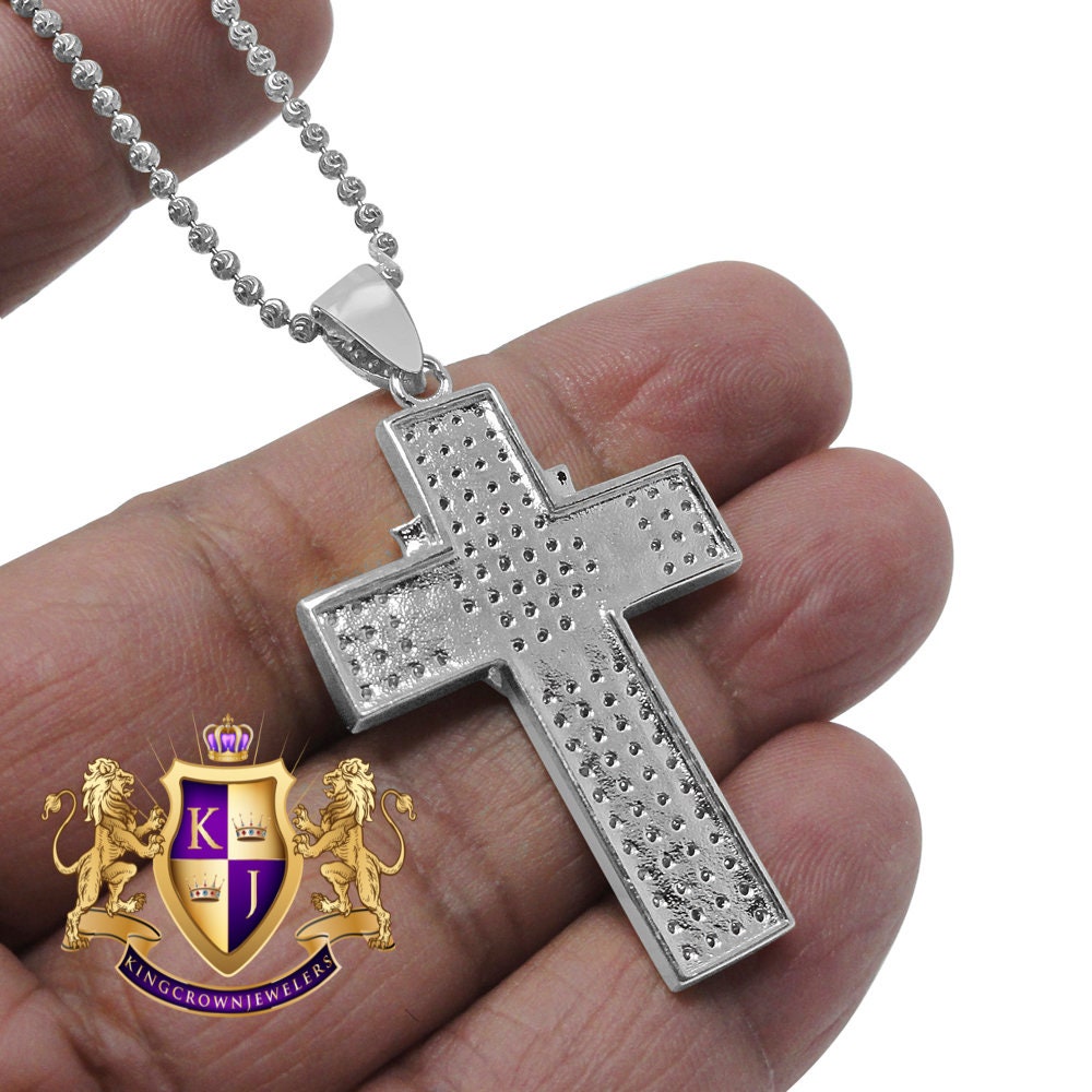 Genuine Sterling Silver White Gold Tone Simulated Diamond Holy Cross Charm Pendent Chain Set 1.90''