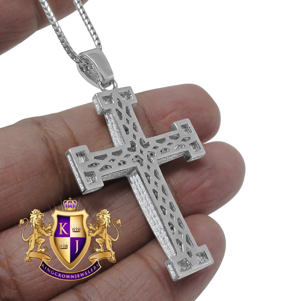 Pure Italian Sterling Silver White Gold Finish Simulated Diamond Jesus Cross 3D Pendent Charm Chain Set 2.15''